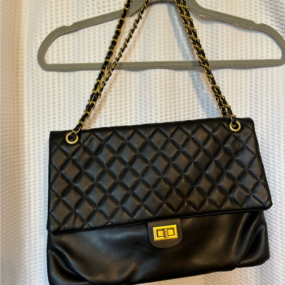 Black Faux Leather Handbag Chain Strap Large